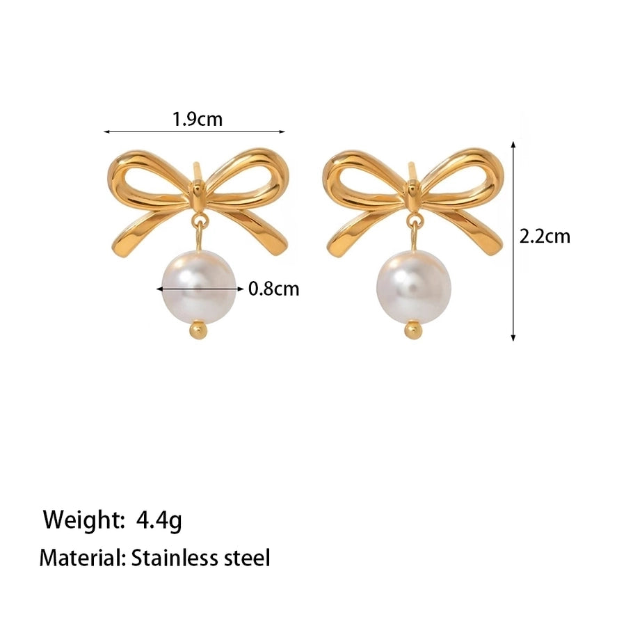 1 Pair Simple Style Bow Knot Shell Polishing Plating Inlay 304 Stainless Steel Pearl 18K Gold Plated Earrings Ear Studs