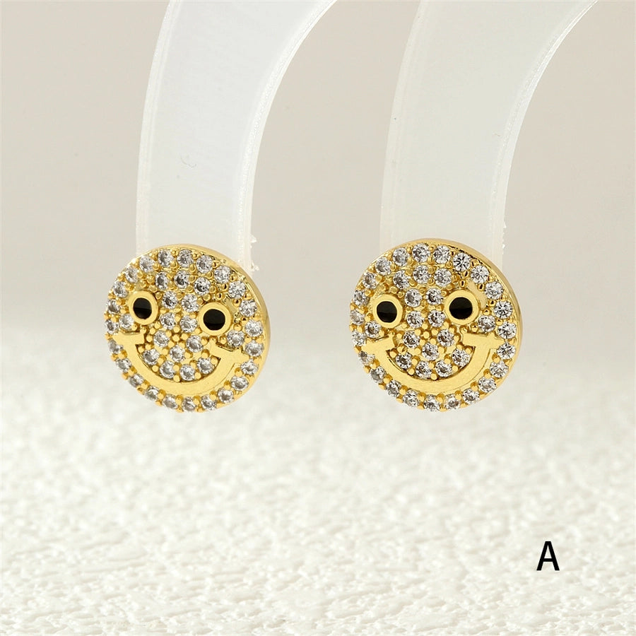 1 Pair Casual Simple Style Commute Smile Face Plating Inlay Copper Zircon 18K Gold Plated Ear Studs