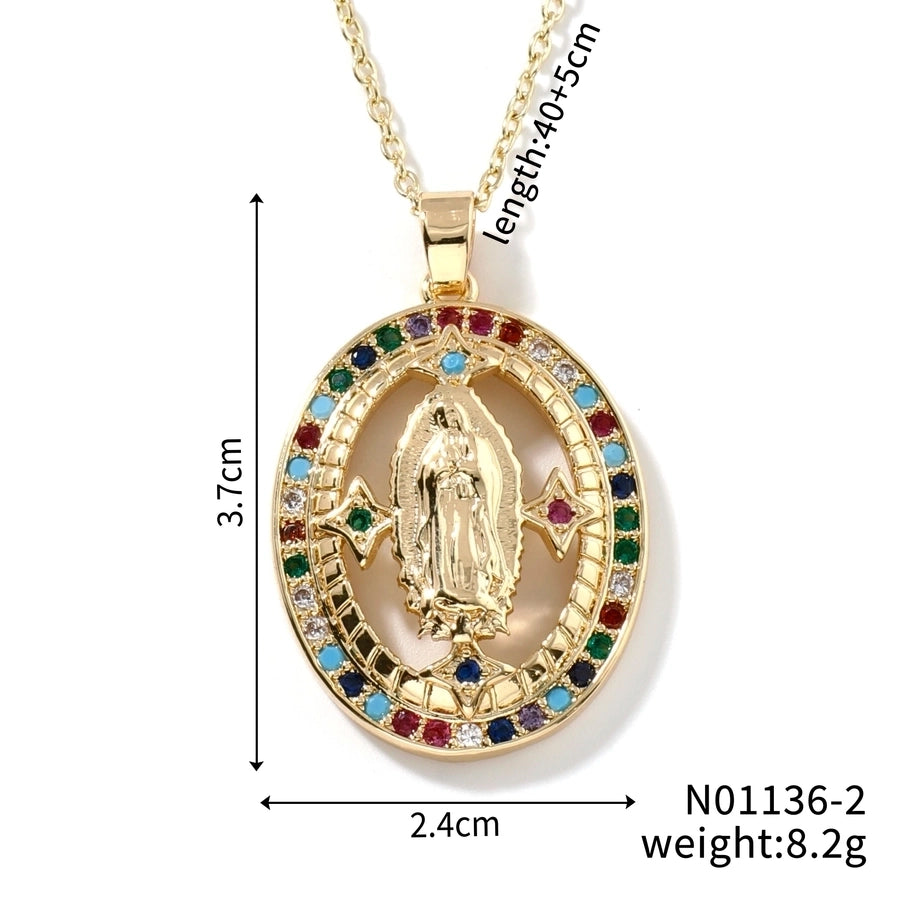 Jewelry Vintage Style Classic Style Geometric Round Virgin Mary 304 Stainless Steel Copper Zircon K Gold Plated Inlay Pendant Necklace - CEJEW