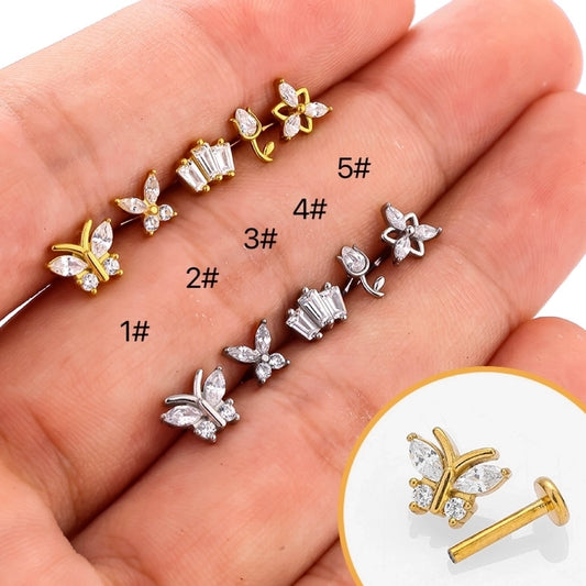 1 Piece Lip Rings Simple Style Commute Rose Crown Butterfly 316L Stainless Steel  Plating Zircon 18K Gold Plated Lip Rings Ear Cartilage Rings & Studs Nose Rings & Studs