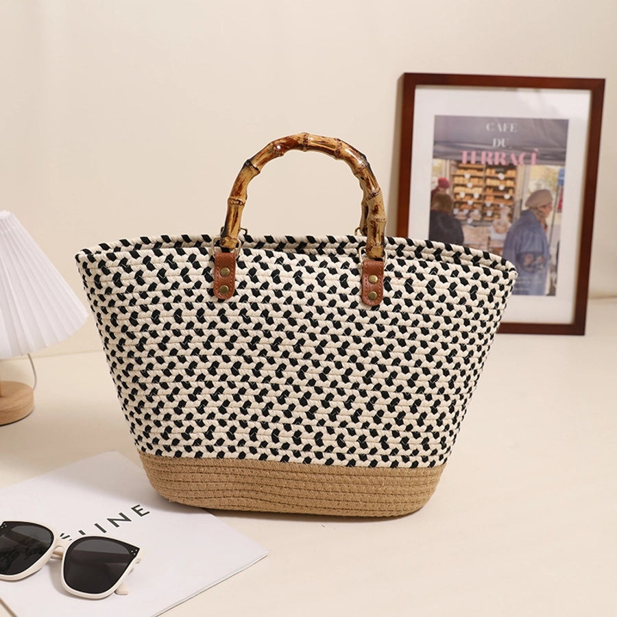 Women's Cotton Splicing Vacation Weave Shell Open Handbag