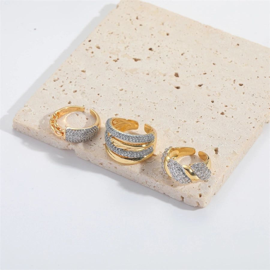 Copper 14K Gold Plated Inlay Geometric Zircon Open Rings - CEJEW