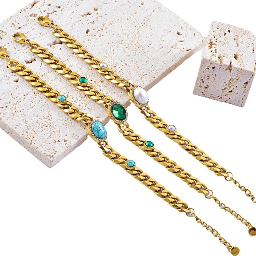 Hip-Hop Exaggerated Oval Titanium Steel Gold Plated Turquoise Rhinestones Pearl Bracelets In Bulk