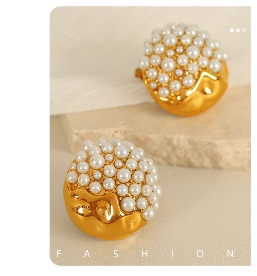 1 Pair IG Style French Style Shiny Round Polishing Inlay 304 Stainless Steel Artificial Gemstones Artificial Pearls 18K Gold Plated Ear Studs