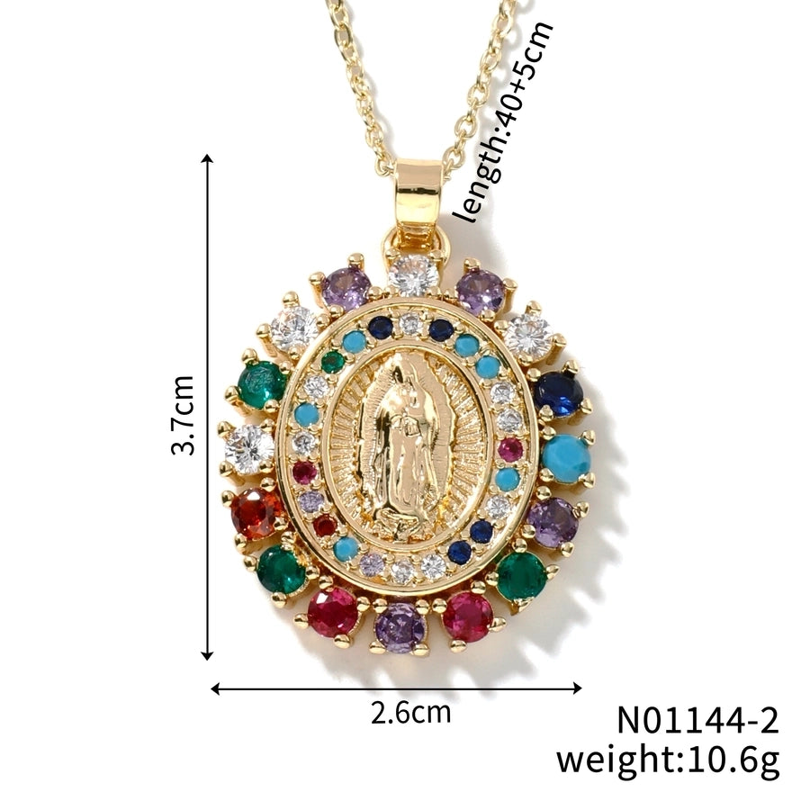 Jewelry Vintage Style Virgin Mary Oval Heart Shape 304 Stainless Steel Copper Zircon K Gold Plated Inlay Pendant Necklace