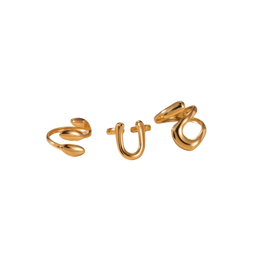 3 Fashionable 18K Real Gold Stainless Steel U-Shaped Leaves Smooth Opening Rings Suit Suitable for Women's Daily Wear