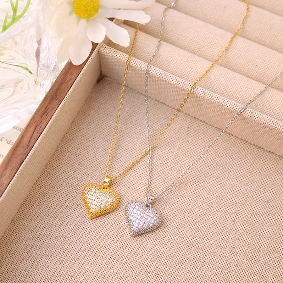 Jewelry Elegant Glam Luxurious Heart Shape 304 Stainless Steel Copper Artificial Diamond 18K Gold Plated Inlay Pendant Necklace