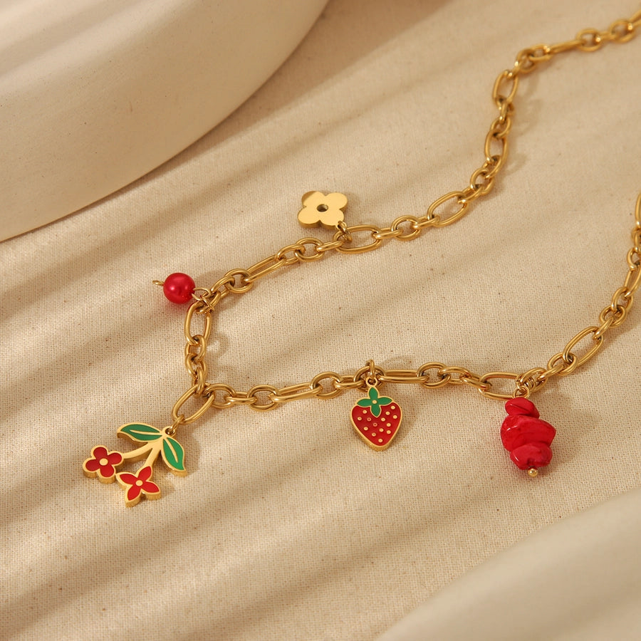 Jewelry Cute Sweet Cherry Strawberry 304 Stainless Steel 18K Gold Plated Epoxy Plating Bracelets Earrings Necklace - CEJEW