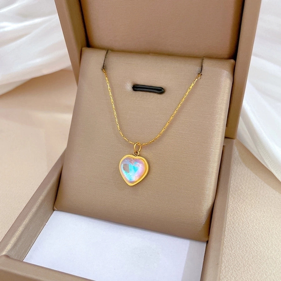 sweet heart shape titanium steel plating inlay artificial gemstones pendant necklace