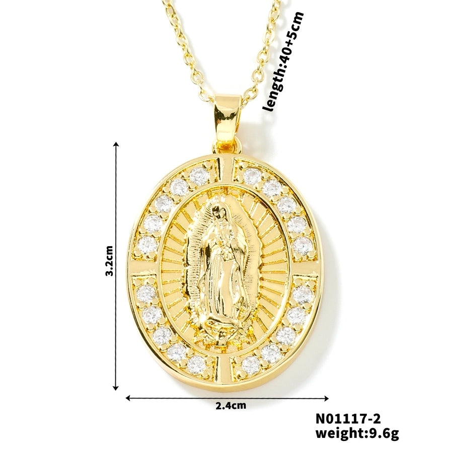 Jewelry Vintage Style Virgin Mary Oval Heart Shape 304 Stainless Steel Copper Zircon K Gold Plated Inlay Pendant Necklace