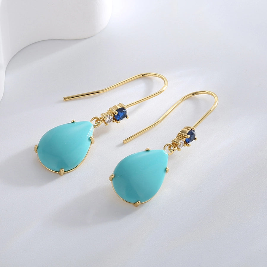 1 Pair Elegant Vacation Bohemian Geometric Square Water Droplets Inlay Brass Turquoise Zircon 18K Gold Plated Drop Earrings