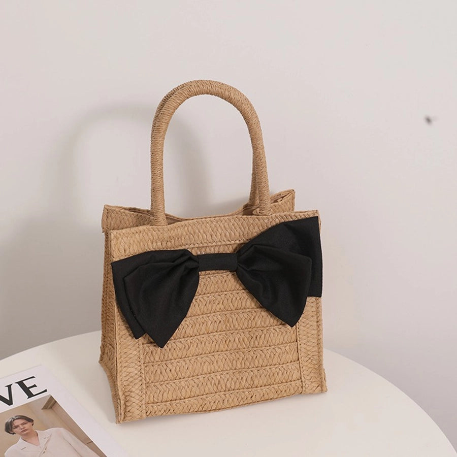 Women's Straw Bow Knot Vacation Weave Square Magnetic Buckle Handbag