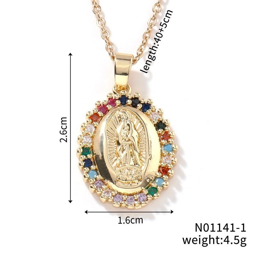 Jewelry Vintage Style Classic Style Geometric Round Virgin Mary 304 Stainless Steel Copper Zircon K Gold Plated Inlay Pendant Necklace - CEJEW