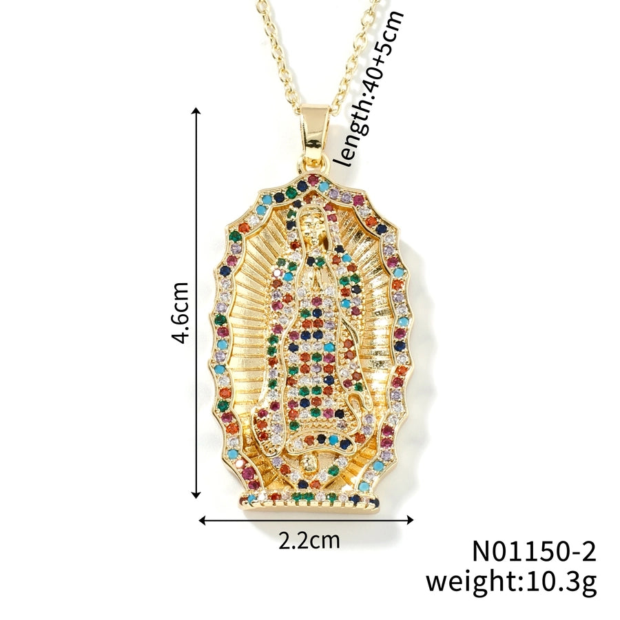 Jewelry Vintage Style Virgin Mary Oval Heart Shape 304 Stainless Steel Copper Zircon K Gold Plated Inlay Pendant Necklace