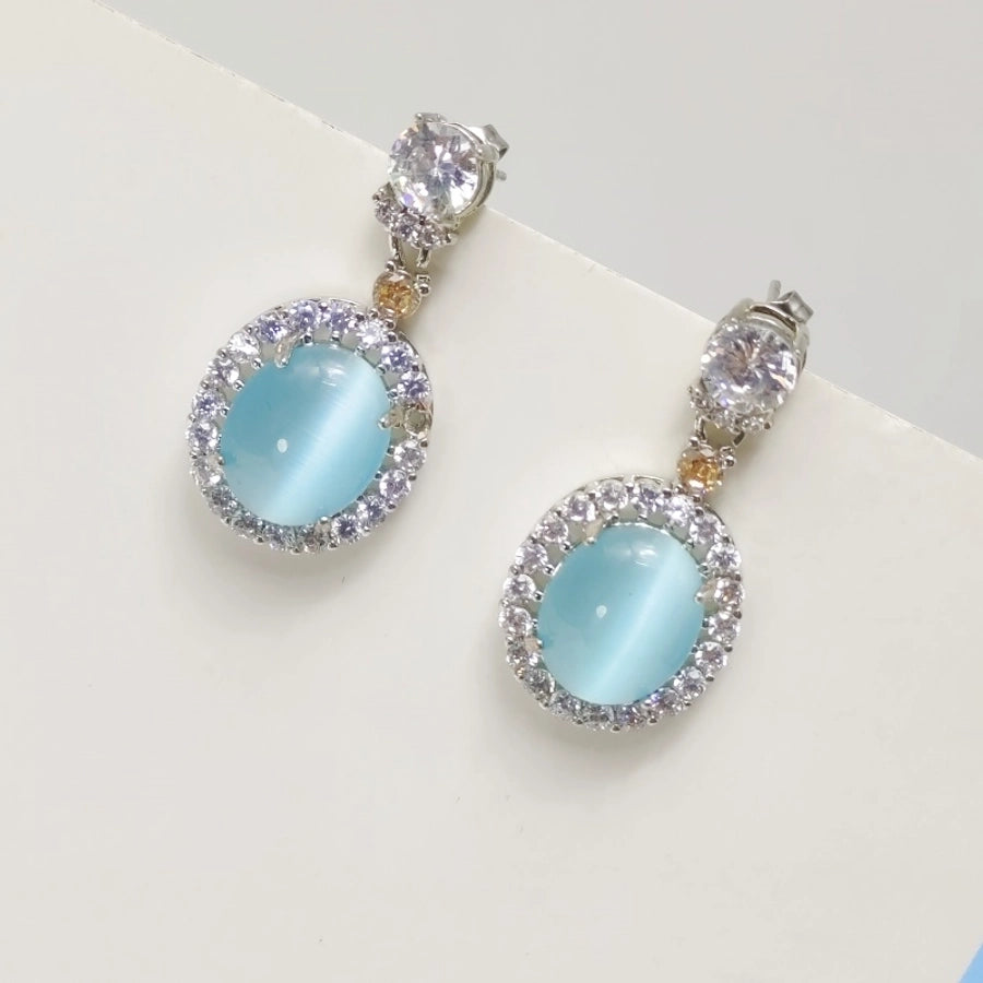 1 Pair Elegant Sweet Oval Inlay 304 Stainless Steel Rhinestone Imitation jade Silver Plated Drop Earrings