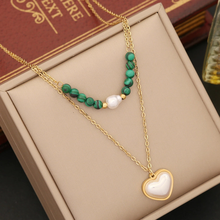 Retro Tree Heart Shape Eye Stainless Steel Malachite Inlay 18K Gold Plated Artificial Diamond Pearl Layered Necklaces