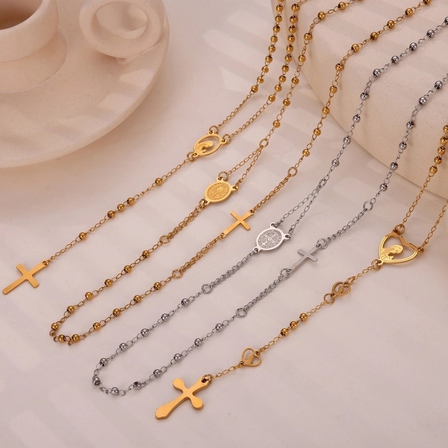 304 Stainless Steel 18K Gold Plated Casual Retro Simple Style Plating Cross Round Heart Shape Long Necklace - CEJEW