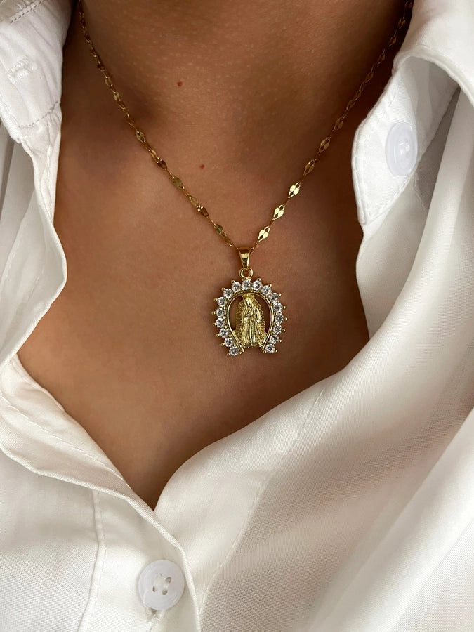 Jewelry Glam Queen Simple Style Virgin Mary Heart Shape Wings 316L Stainless Steel  Rhinestones Zircon 18K Gold Plated Plating Pendant Necklace