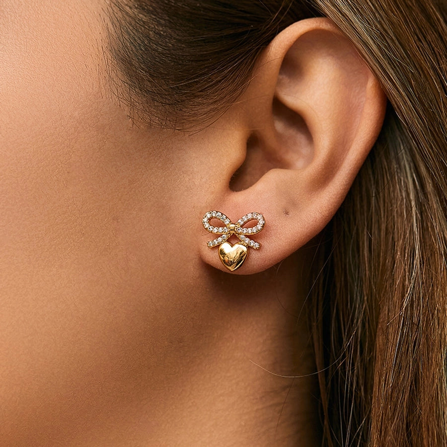 1 Pair Elegant Classic Style Streetwear Leaf Heart Shape Bow Knot Copper Zircon Ear Studs