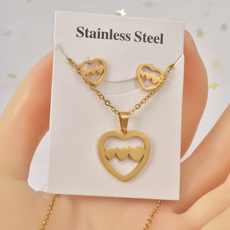 Jewelry Sweet Simple Style IG Style Heart Shape Titanium Steel Hollow Out Jewelry Set