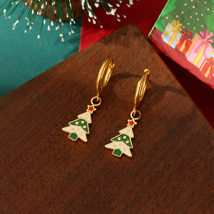 A Pair of Christmas 18K Real Gold Stainless Steel Colorful Oil Necklace Christmas Tree Elk Earrings Ear Clip Women's Christmas Gift