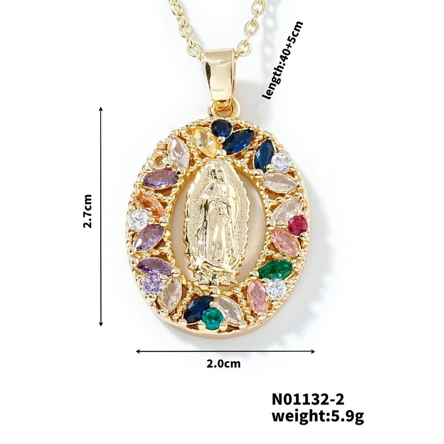 Jewelry Vintage Style Classic Style Geometric Round Virgin Mary 304 Stainless Steel Copper Zircon K Gold Plated Inlay Pendant Necklace - CEJEW