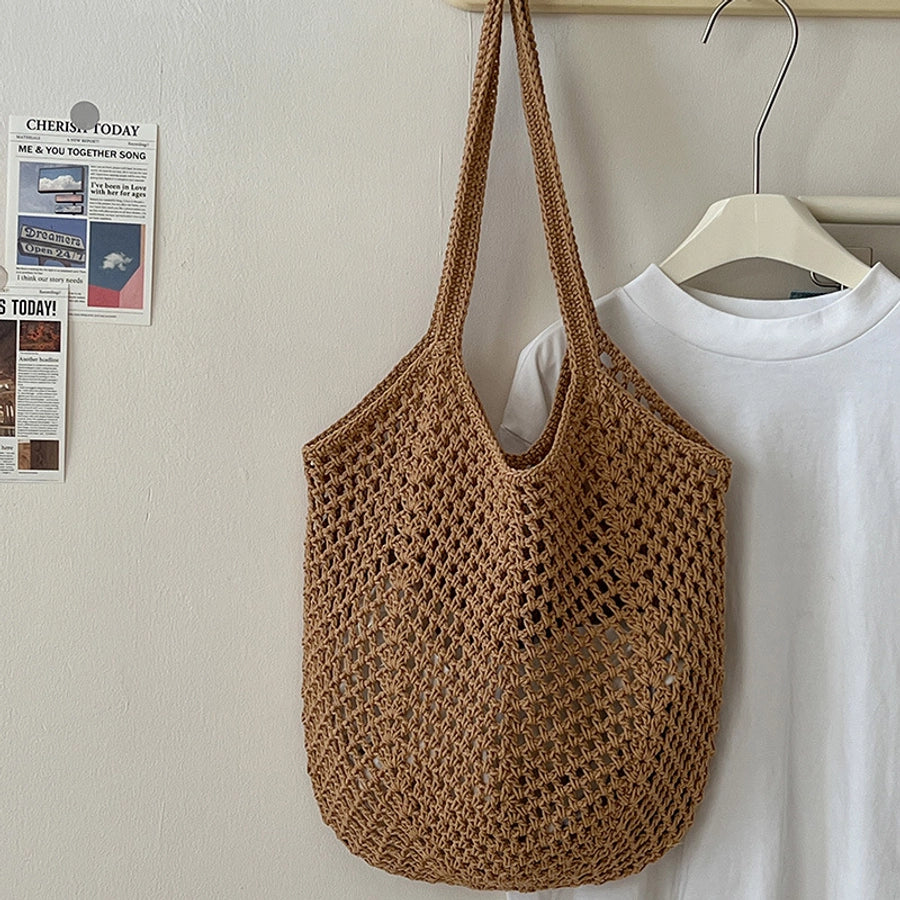 Women's Medium Cotton Solid Color Elegant Streetwear Weave Square Open Straw Bag