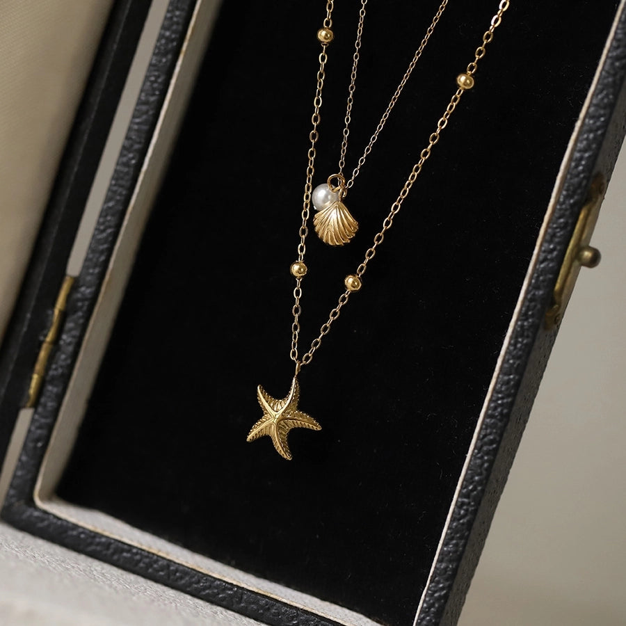 Jewelry Cute Vintage Style Vacation Geometric Starfish Shell 304 Stainless Steel 18K Gold Plated Double Layer Necklaces