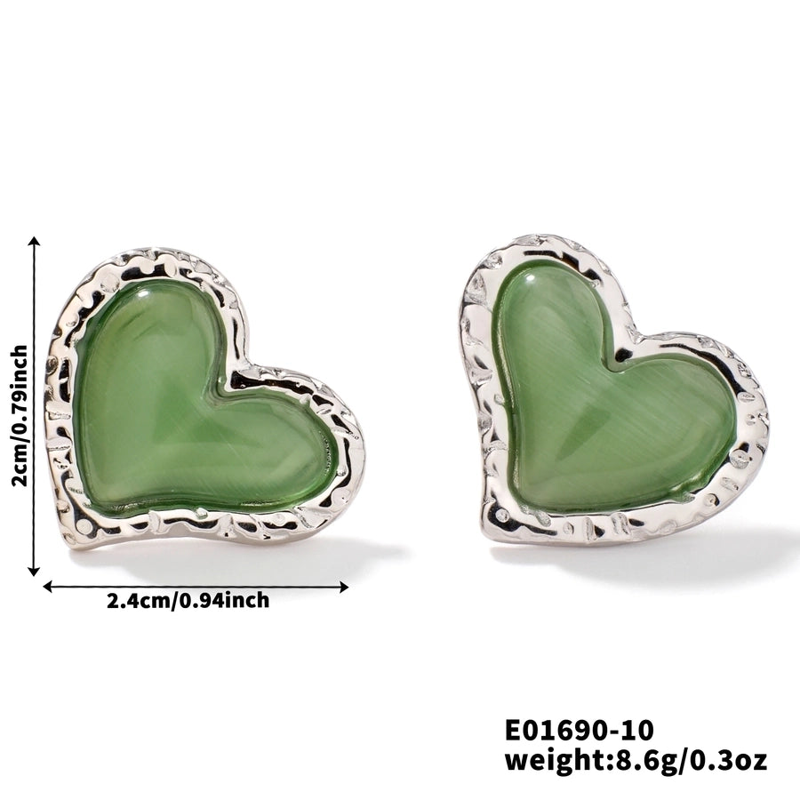 1 Pair Glam Sweet Simple Style Heart Shape Inlay 304 Stainless Steel Natural Stone K Gold Plated Rhodium Plated Ear Studs