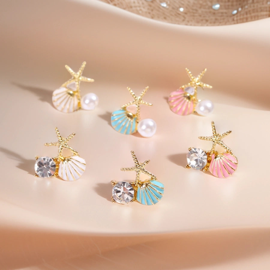 1 Pair Beach Sweet Starfish Shell Enamel Plating Inlay Alloy Pearl Zircon Gold Plated Ear Studs