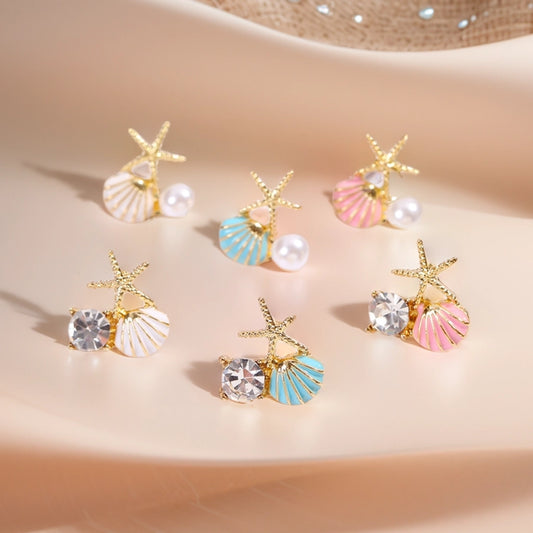 1 Pair Beach Sweet Starfish Shell Enamel Plating Inlay Alloy Pearl Zircon Gold Plated Ear Studs