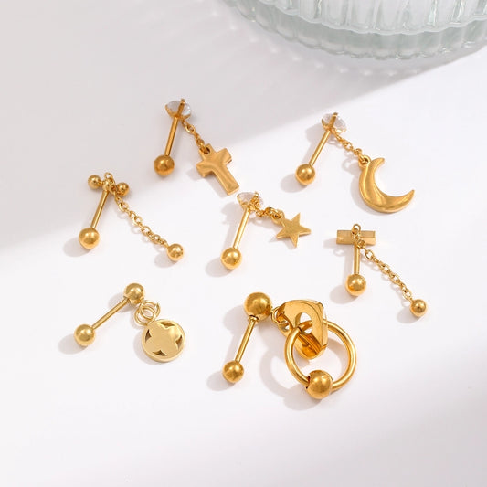 1 Piece Ear Cartilage Rings & Studs IG Style Pentagram Moon Flower 304 Stainless Steel 18K Gold Plated Ear Cartilage Rings & Studs - CEJEW