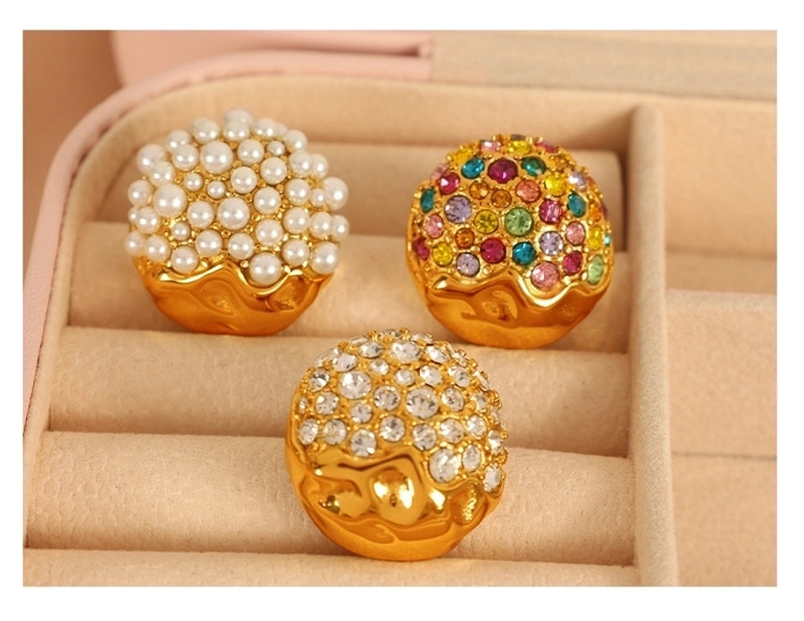 1 Pair IG Style French Style Shiny Round Polishing Inlay 304 Stainless Steel Artificial Gemstones Artificial Pearls 18K Gold Plated Ear Studs