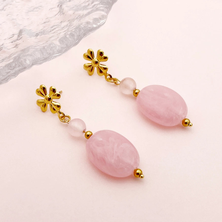 1 Pair Elegant Oval Plating 304 Stainless Steel Natural Stone 14K Gold Plated Drop Earrings