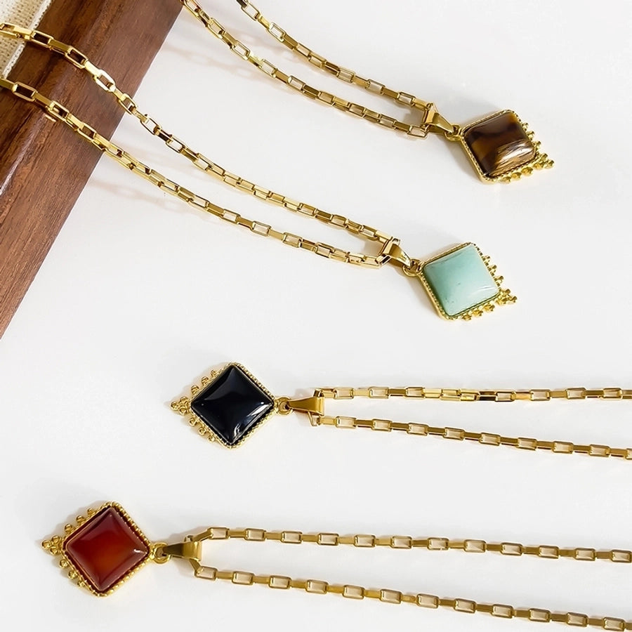 Jewelry Retro Classic Style Rhombus 316L Stainless Steel  Natural Stone 18K Gold Plated Irregular Inlay Pendant Necklace