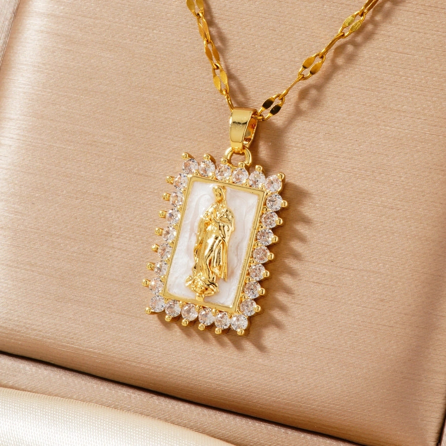 Jewelry Vintage Style Religion Artistic Round Virgin Mary 304 Stainless Steel Copper Zircon K Gold Plated Inlay Pendant Necklace