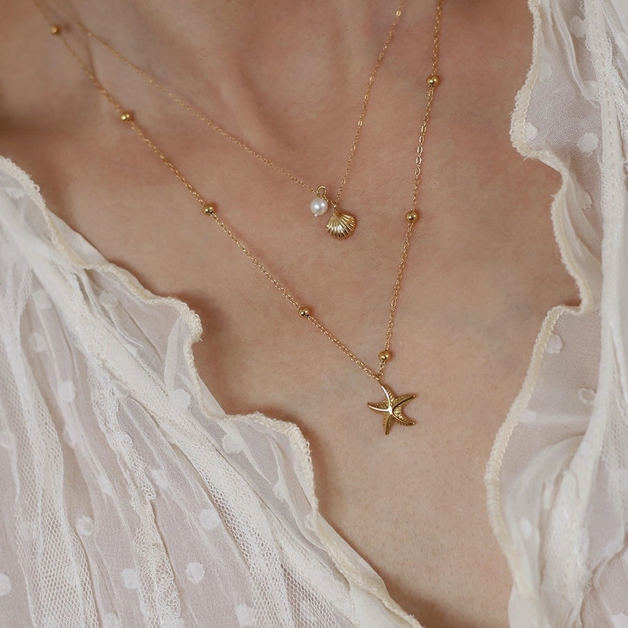 Jewelry Cute Vintage Style Vacation Geometric Starfish Shell 304 Stainless Steel 18K Gold Plated Double Layer Necklaces