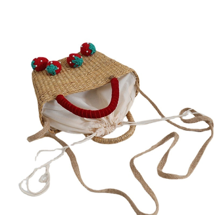 Women's Straw Strawberry Cute Weave Bucket String Crossbody Bag