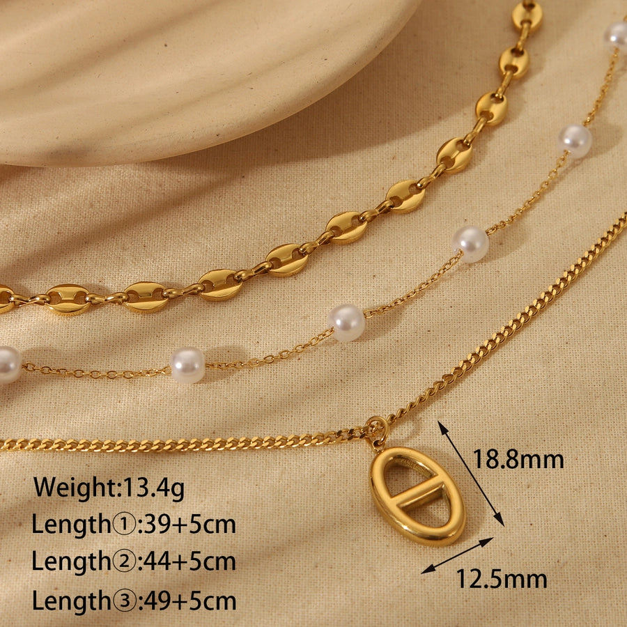 Jewelry Vintage Style Geometric Heart Shape 304 Stainless Steel 18K Gold Plated Plating Three Layer Necklace - CEJEW