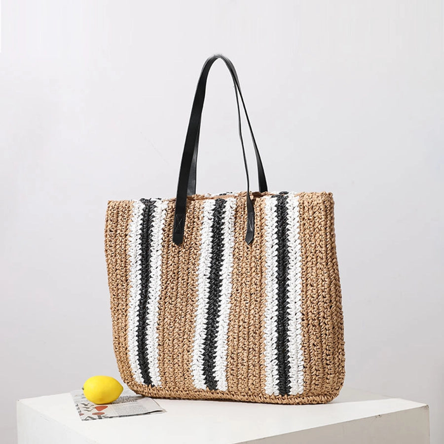 Women's Straw Stripe Vacation Weave Square Magnetic Buckle Tote Bag