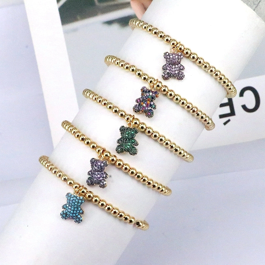 cute bear copper beaded plating inlay zircon 18k gold plated bracelets