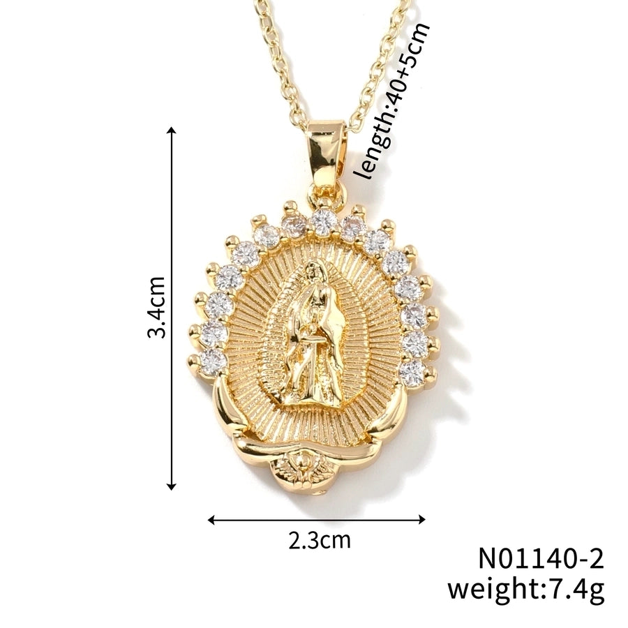 Jewelry Vintage Style Classic Style Geometric Round Virgin Mary 304 Stainless Steel Copper Zircon K Gold Plated Inlay Pendant Necklace - CEJEW