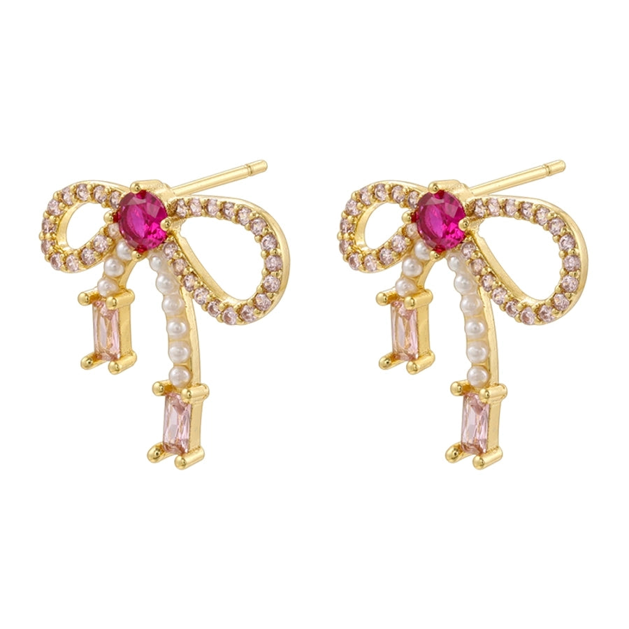 1 Pair Elegant Lady Streetwear Bow Knot Plating Inlay Copper Artificial Pearls Zircon 18K Gold Plated Ear Studs