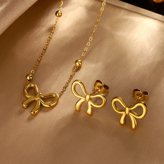 Jewelry Sweet Classic Style Streetwear Bow Knot 304 Stainless Steel 18K Gold Plated Jewelry Set