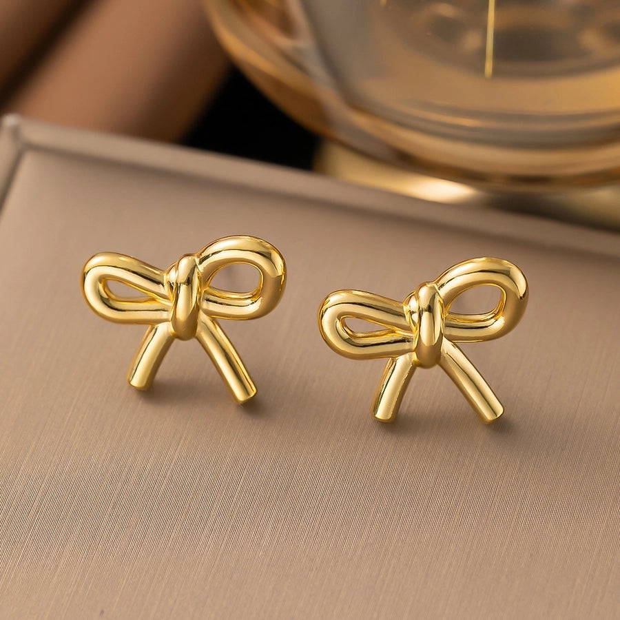 1 Pair Simple Style Bow Knot Shell Polishing Plating Inlay 304 Stainless Steel Pearl 18K Gold Plated Earrings Ear Studs