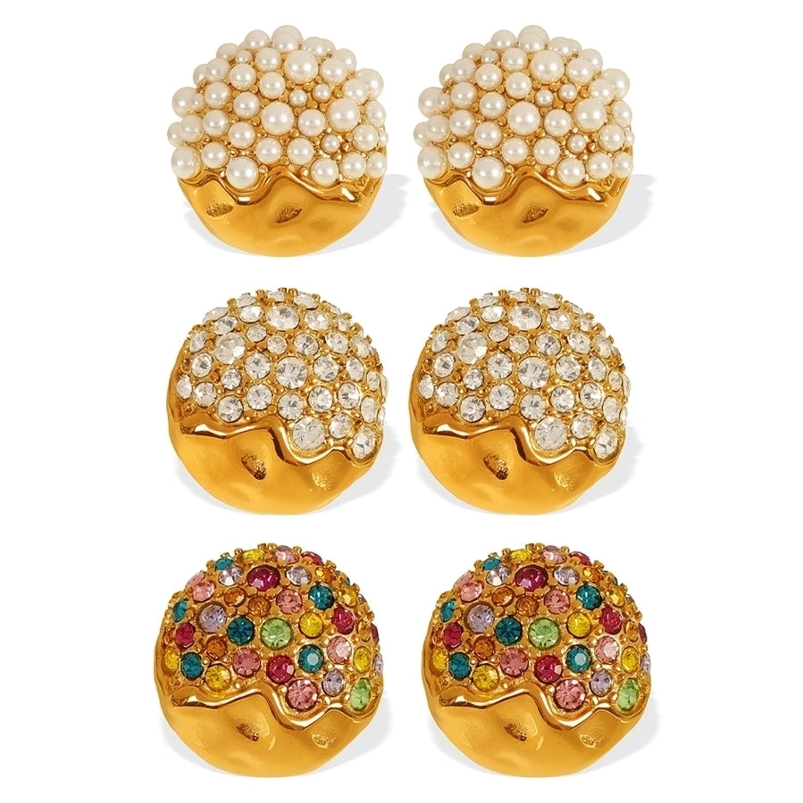 1 Pair IG Style French Style Shiny Round Polishing Inlay 304 Stainless Steel Artificial Gemstones Artificial Pearls 18K Gold Plated Ear Studs