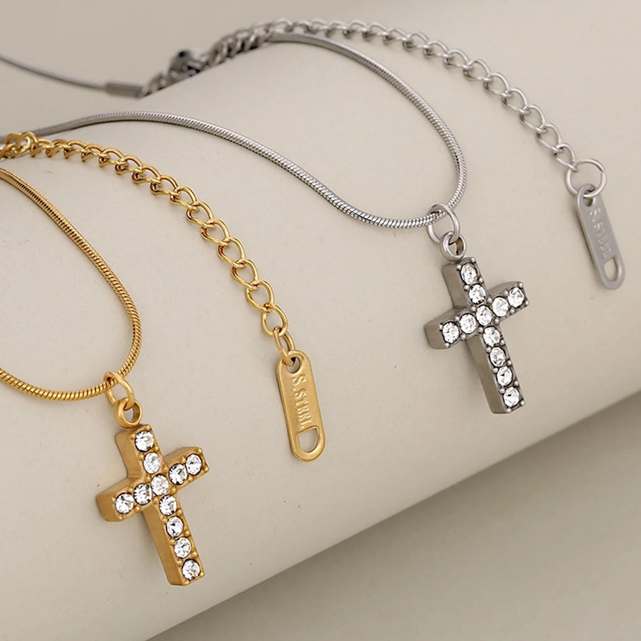 Jewelry Cute Shiny Cross Heart Shape 304 Stainless Steel Rhinestone Rhinestones Stainless Steel Necklaces