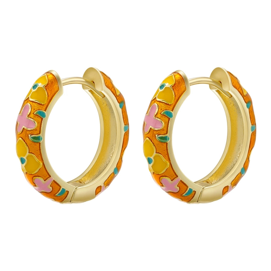 1 pair ig style elegant sweet flower enamel plating copper 18k gold plated hoop earrings