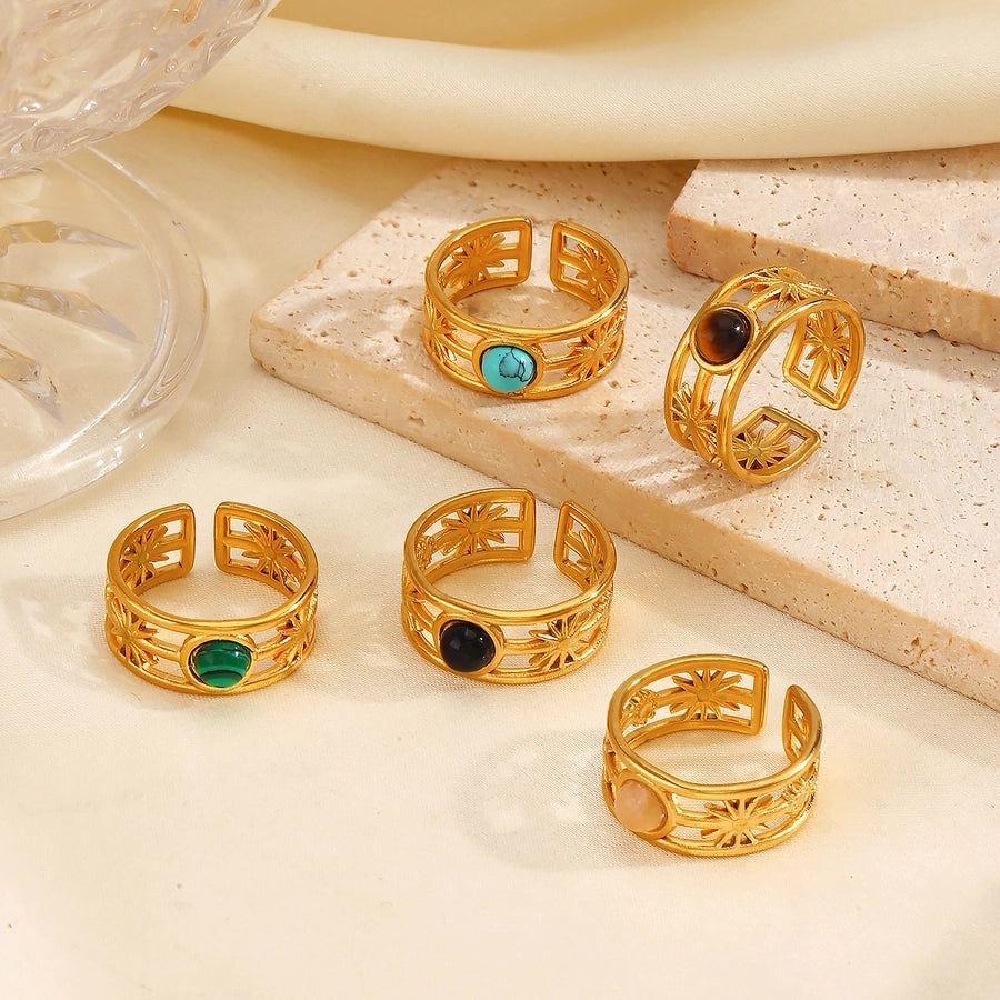 Jewelry IG Style Simple Style Round 304 Stainless Steel Malachite Turquoise Tiger Eye 18K Gold Plated Plating Inlay Open Rings