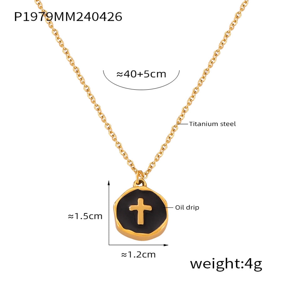 304 Stainless Steel 18K Gold Plated Casual Simple Style Commute Enamel Plating Cross Round Heart Shape Pendant Necklace - CEJEW